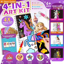 4-In-1 Princess Unicorn Craft Kit for Girls Ages 4-8, Foil Art, Scratch Art, Wat
