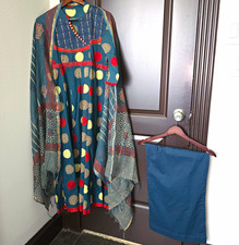 Women  s Blue Printed Cotton Salwar Kameez 3-Piece Set w/ Pants  Dupatta