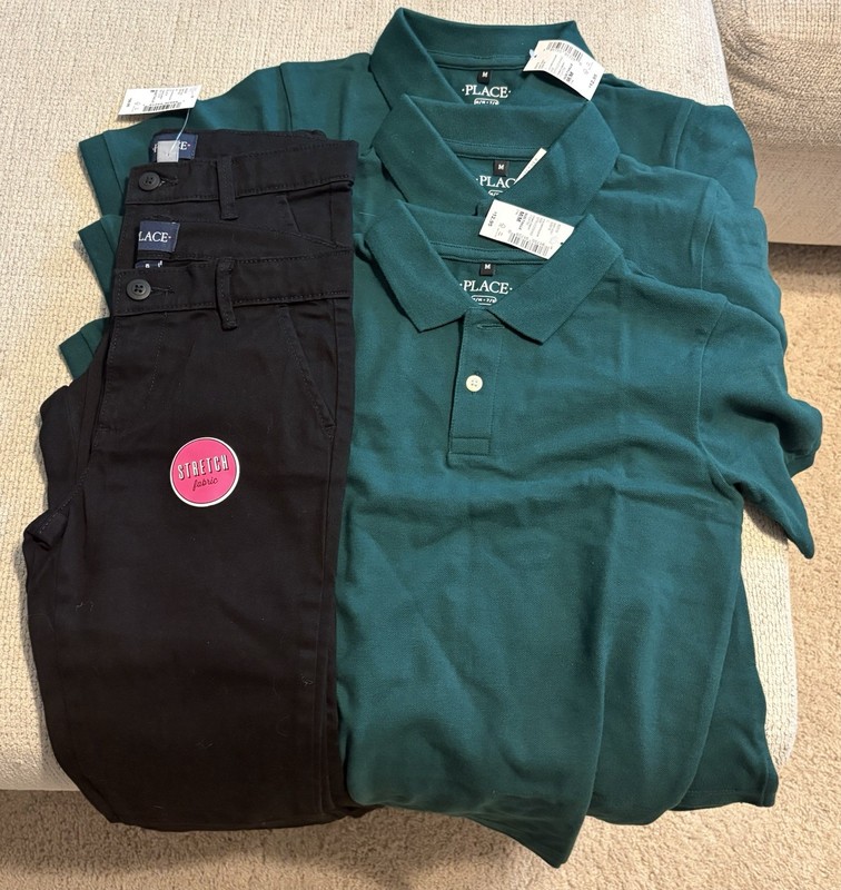 Black bootcut pants size 8. Green polos size medium school uniform