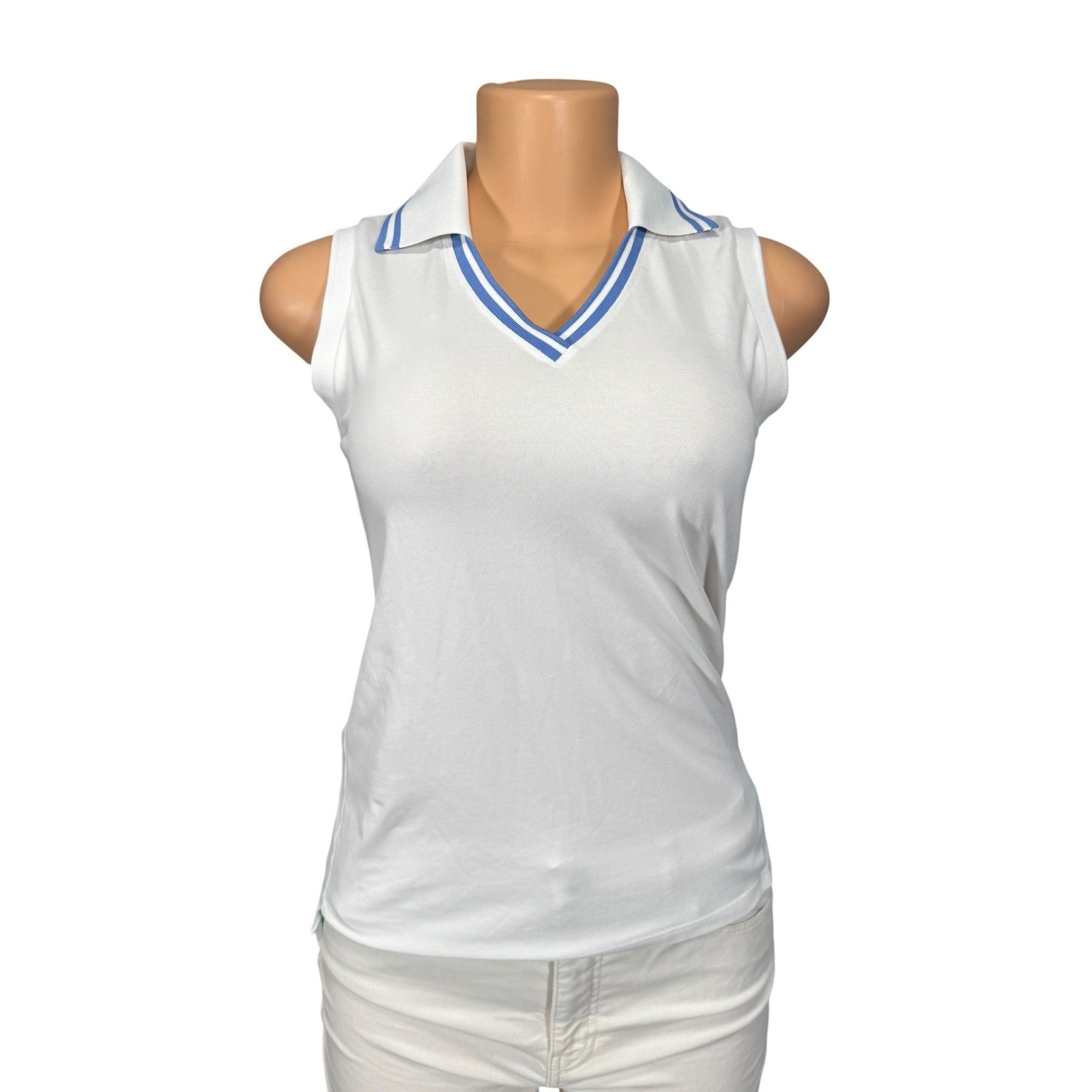 Polo Ralph Lauren Womens XS White Sleeveless V-Neck Polo Shirt Blue Stripe Trim
