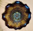 Outstanding Northwood Carnival Glass Hearts & Flowers Ruffled Bowl in "BLUE"