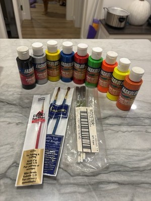 Lot Of 9 Parma PSE Faskolor Water Based Airbrush Paint + Brushes Model READ