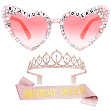 3 Pcs Birthday Queen Sash and Crown with Glasses for Women Rhinestone Tiara a...