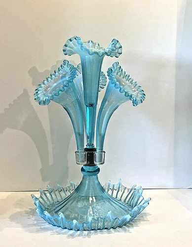 FENTON LG WRIGHT OPALESCENT BLUE THREADED 17" TALL EPERGNE MINT CONDITION 6 PCS