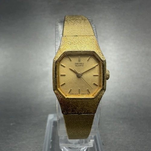 Seiko Watch Women 16mm Gold Dial Gold Tone Octagon 2C21-5409 New Battery