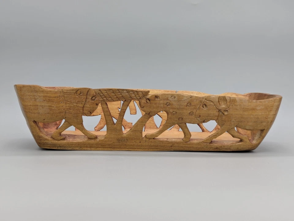 Vintage 14" Safari African Hand Carved Wood Fruit Food Decorative Basket - Image 2 of 4