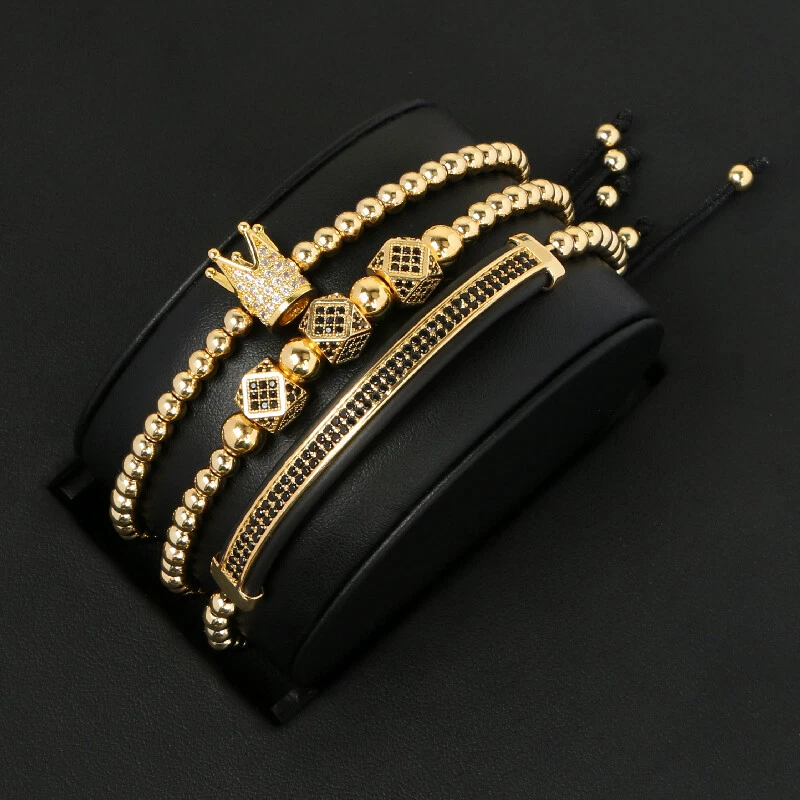 3 piezas pulseras de lujo con corona de circonita cúbica King para hombres y mujeres con dije pulseras joyas Foto 2 de 4