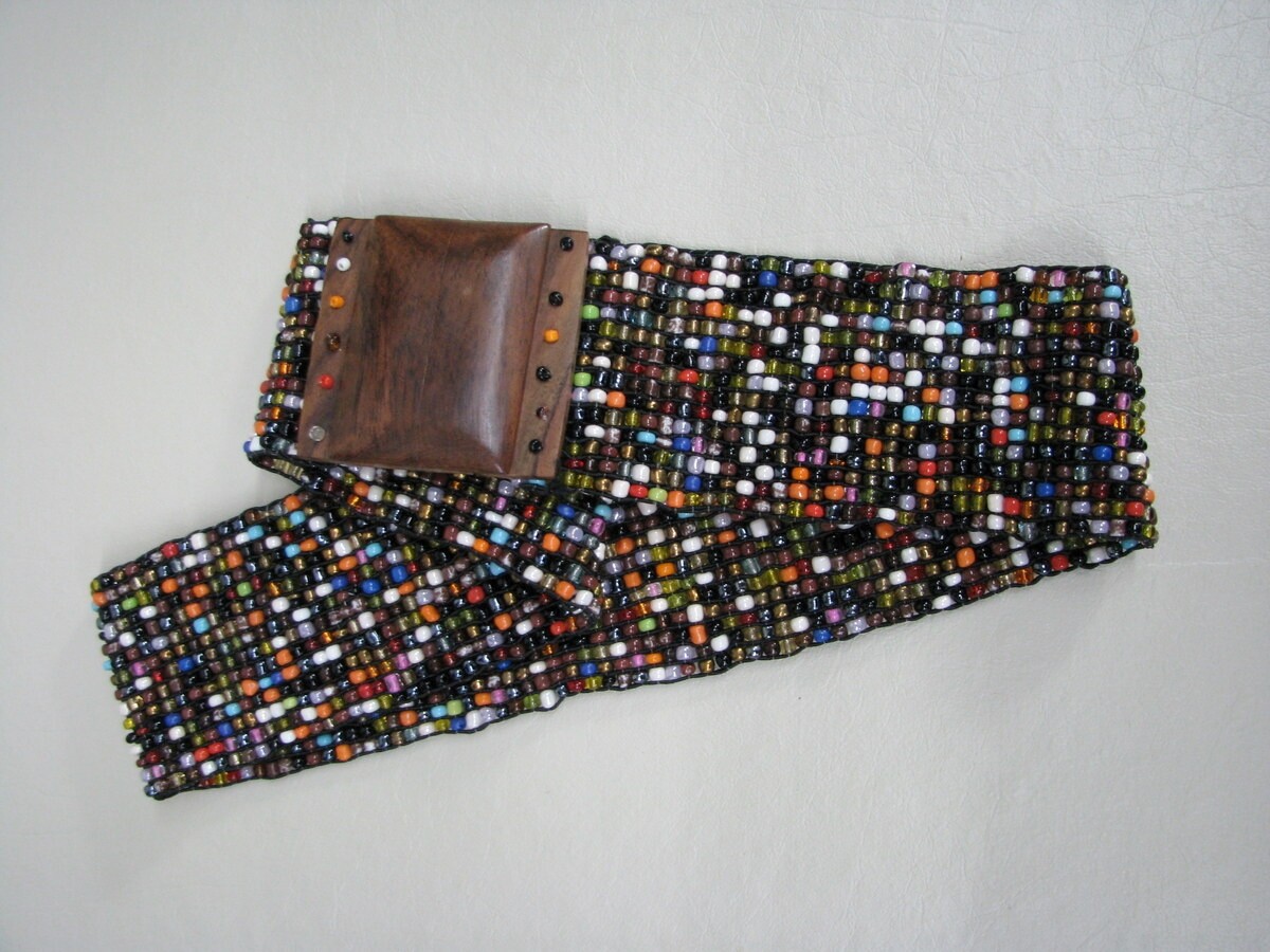 Vtg. Handmade Aqua Red Purple Beaded Belt, wood clasp Native 