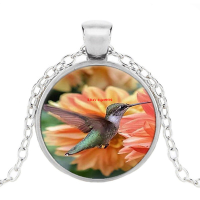 Hummingbird And Flower Cabochon Glass Tibet Silver Chain Pendant Necklace