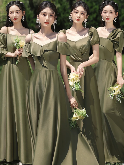 Green Satin Bridesmaid Dress Sex Off The Shoulder Slim A-Line Party Gown  Prom