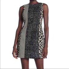 NWT Alice + Olivia Clyde Pattern Mix Wool Blend Shift Mini Dress 8 Black White
