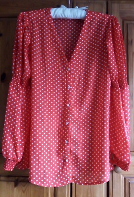 Ciminy Paris *Unworn* Red White Polka Dot Quirky Puff Sleeves Shirt Blouse Sz L
