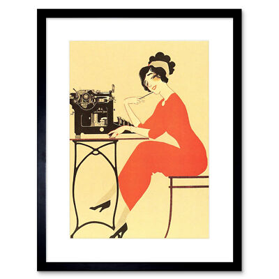 Schreibmaschine Frau rotes Kleid Schrift gerahmter Wandkunstdruck 9 x 7 Zoll