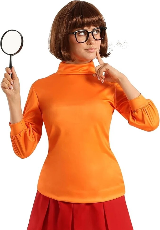 Mujer Disfraz y Peluca Velma Naranja Mystery Inc Scooby Doo Detective Vestido S-3XL Foto 4 de 4