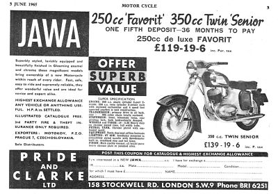 1965 Werbung für JAWA ''Senior'' 350cc Twin Motor Cycles Klein Oldtimer Print Ad
