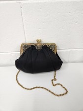 Vintage Victorian Black Satin Gold Frame, Chain Strap Small Purse. Evening/Rare