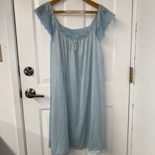 VTG Chiffon Blue Nightgown Nylon Blue Lace Trim Size S/M 60s,70s