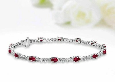 10 Ct Oval Cut Simulated Ruby 925 White Sterling Silver Stunning Tennis Bracelet