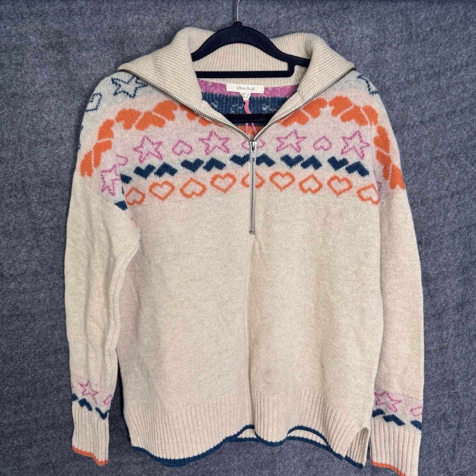 White Stuff Nordic Heart Half Zip Wool Blend Jumper NWT Size 8