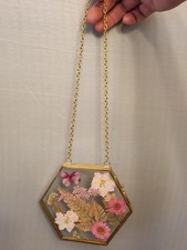 Pressed Flower Art Hexagon Glass Frame Gold Chain Hanging Botanical Decor 4"