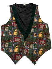 VTG Christmas Cat Vest Green Red Black Flat Chest S/M