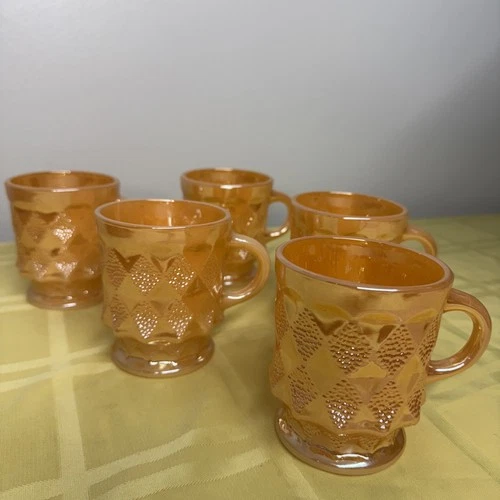 Vtg Anchor Hocking Fire King Peach Luster Kimberly Diamond Coffee Tea Mug Set 5