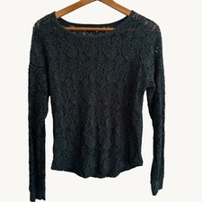 Elegant Sheer Lace Long Sleeve Top in Dark Green Womens Size Small
