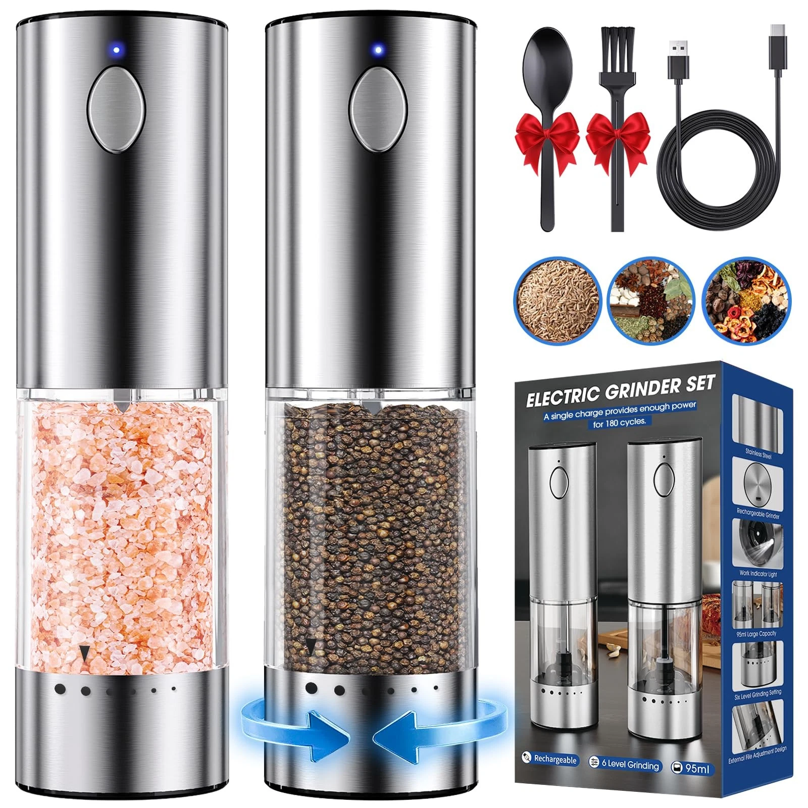 Upgraded Larger Capacity Electric Salt and Pepper Grinder Set, Rechargeable T...