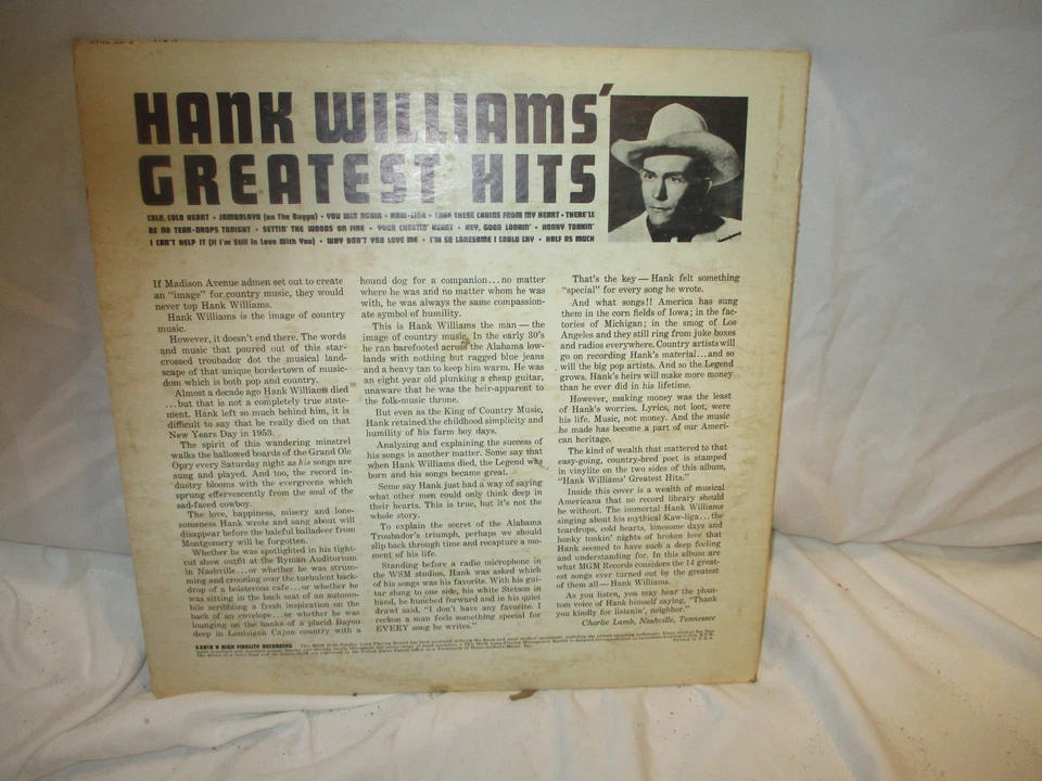Hank Williams' Greatest Hits; 14 of Hank's All-Time Best VINYL LP ALBUM MGM REC - Image 2 of 3