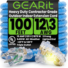 100 Ft Outdoor Extension Cord 12/3 Gauge SJEOW 12 AWG, Heavy Duty 3-Prong Power