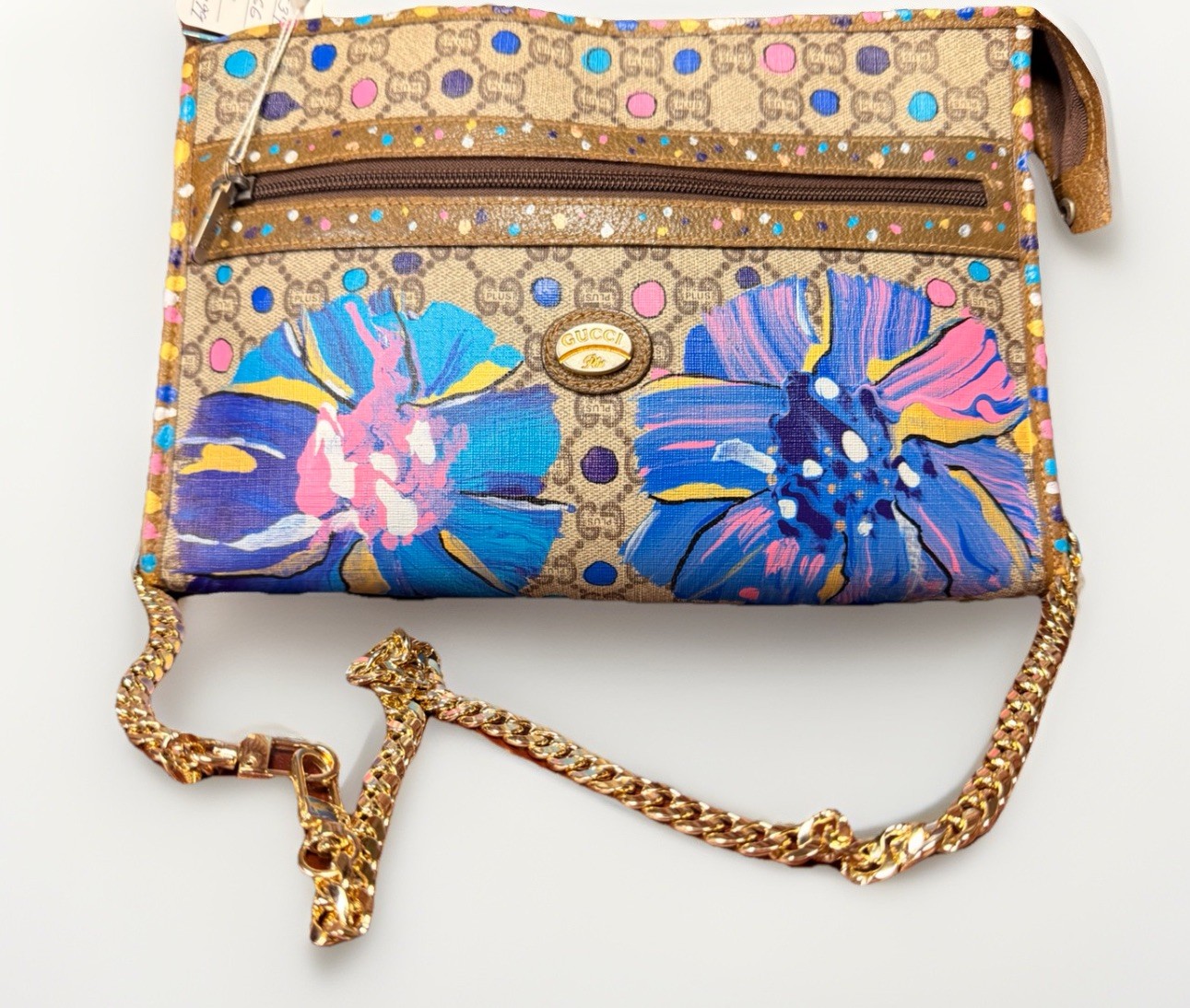 Vintage Gucci Plus Floral Painted Chain Shoulder Bag Detachable Strap