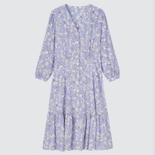 Uniqlo Printed V-Neck 3/4-Sleeve Flare Dress Purple Small