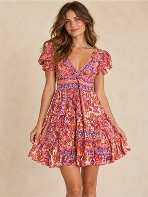 Angie Pink & Orange Floral V-Neck Tiered Mini Dress