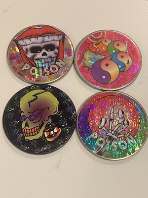 Pog Lot 4 Slammers Skull Poison Heavy Metal  Vintage 1990 s Yin Yang Hologram