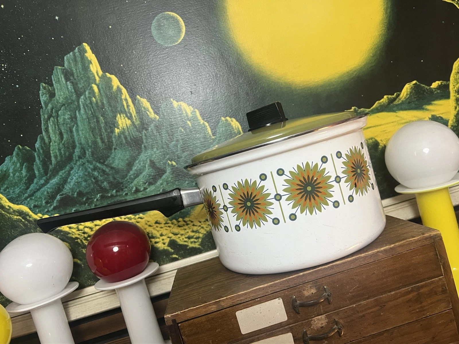 Vintage Stock Pot Sauce Pan Austrian Email Enamel Starburst Olive Green Habitat