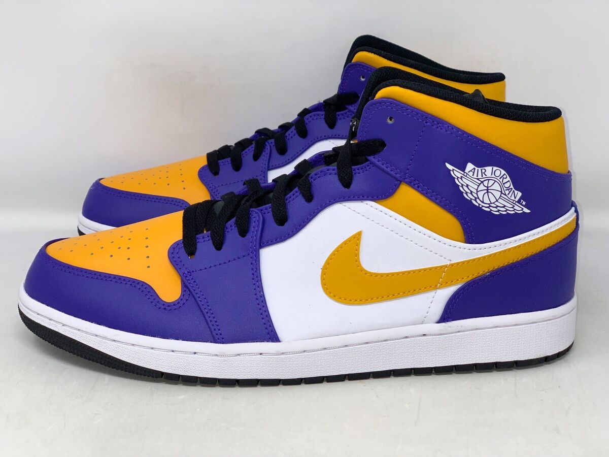Air Jordan 1 Mid 'Lakers' Yellow Purple Sneakers, Size 12 Air Jordan 1 Mid 'Lakers' Yellow Purple Sneakers, Size 12
