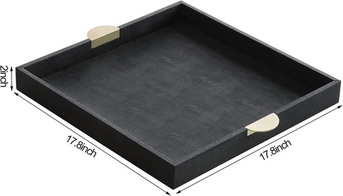 Stylish Black Faux Leather Decorative Serving Tray with Gold Handle Accents - Picture 4 of 11