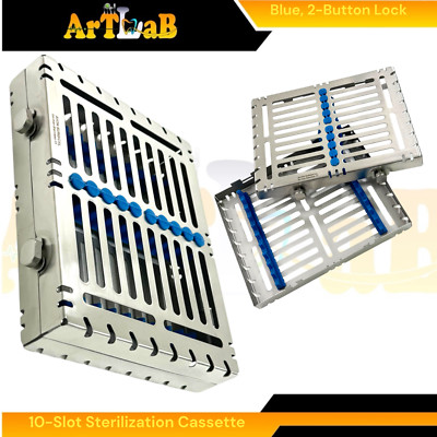 Double-Button Sterilization Cassette for 10 Instruments, Dental, Veterinary Blue