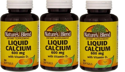 Nature's Blend Easy to Swallow Liquid Calcium 600mg 100 Softgels 3 PACK