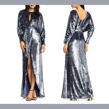 NWT 395 Aidan Mattox Long-Sleeve Draped Sequin Gown Silver  SZ 0  E924