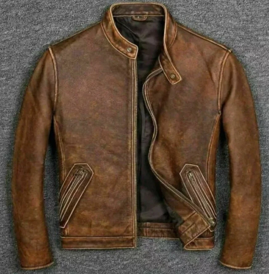 Men's Motorcycle Café Racer Vintage Biker Brown Distressed Real Leather Jacket