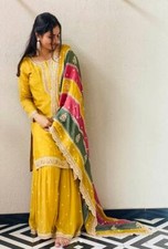 Wedding Wear Faux Georgette Yellow Palazzo Suit With Dupatta For Women  Girls