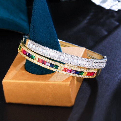 Square Cut CZ Open Cuff Bangle Cubic Zirconia Silver Plated Blue for Brides Prom - Imagen 7 de 21