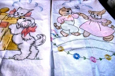 2 Vintage Crib Covers Kitten Puppy Lt. Orange Peach Arts Crafts Hand Embroidery