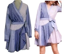 Maeve NEWPORT Wrap Shirt Dress Fit N Flare Blue White Striped Coastal Size 8