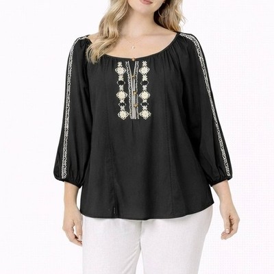 Maurices 2X Black Embroidered Peasant Top Button Front Minimalist Boho Chic