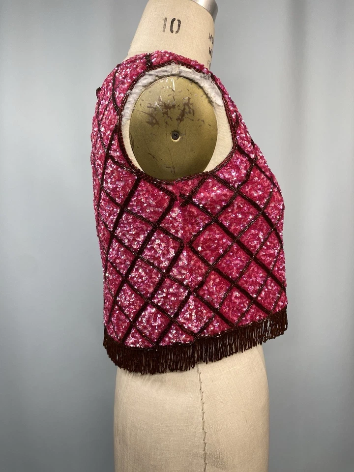 Top Vintage Lentejuelas TALLA EXTRA PEQUEÑO Rosa Marrón Cuentas Recortado Años 60 MARTHA Flecos Foto 4 de 4