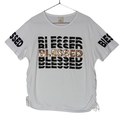 Fashion of New York Graphic ''Blessed'' in Gold Sequins Top 3X White Scrunched
