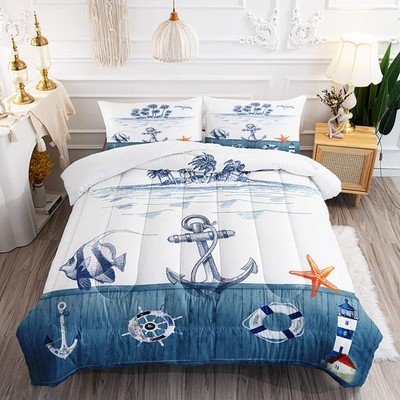 Nautical Sailboat Comforter Set for Kids and Adults, Queen Size Anchor Rudder...