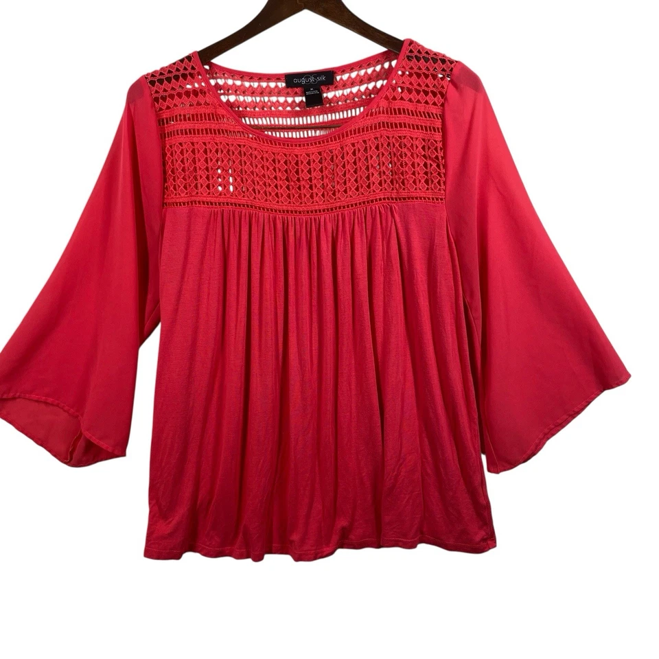 Túnica coral August Silk para mujer XL manga campana escote ganchillo Foto 2 de 4